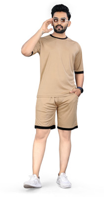 NISPRUH Men Self Design Beige Top & Shorts Set