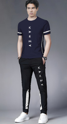 TRIPR Men Printed Dark Blue, Black Night Suit Set