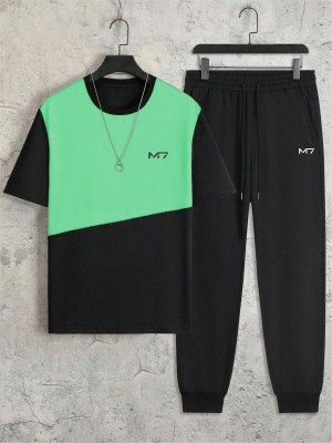 M7 By Metronaut Men Colorblock Black, Light Green Top & Pyjama Set