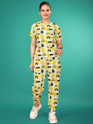DADX Women Self Design Yellow, Black Top & Pyjama Set