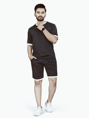 NISPRUH Men Self Design Black Top & Shorts Set