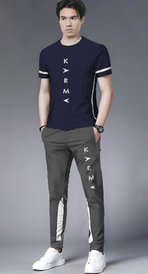 TRIPR Men Printed Dark Blue, Grey Night Suit Set