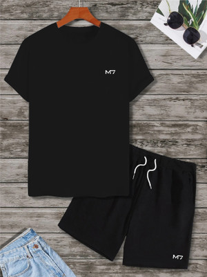 M7 By Metronaut Men Solid Black Top & Shorts Set