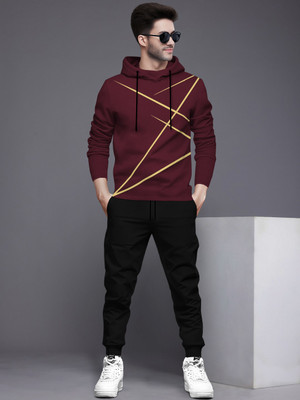 BLIVE Men Solid Maroon, Black Night Suit Set