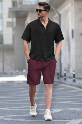 TRIPR Men Solid Black, Maroon Night Suit Set