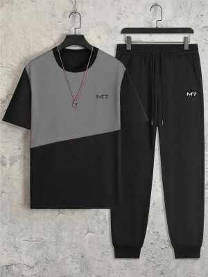 M7 By Metronaut Men Colorblock Black, Grey Top & Pyjama Set