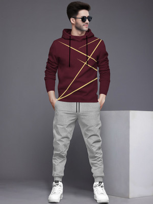 BLIVE Men Solid Maroon, Grey Night Suit Set