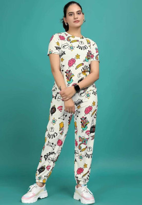 Jsgjitek Women Printed White Top & Pyjama Set