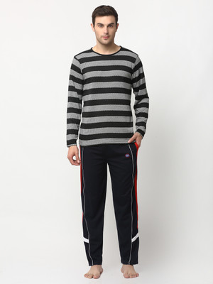 VIMAL JONNEY Men Striped Dark Blue, Black Top & Pyjama Set