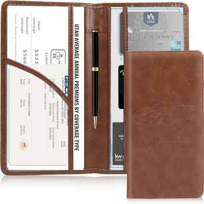 ELEPHANTBOAT Car Document Holder Bifold PU Leather Bag with 6 Transparent Pouches(Brown)