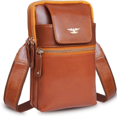 ABYS Tan Shoulder Bag Genuine Leather Vertical Passport/Mobile Pouch Cum Waist Bag for Men & Women
