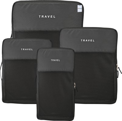 HOMESTIC Set of 4 Waterproof Travel Kit for Toiletries with Handles | Plain Black(Black)