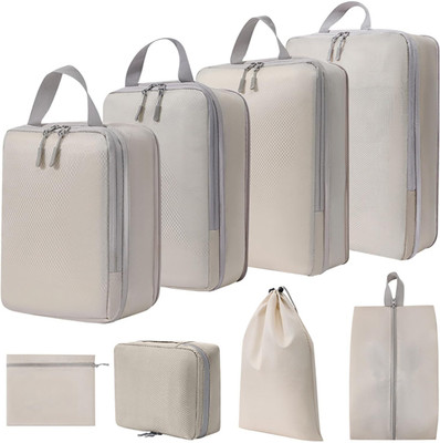 HOUSE OF QUIRK Compression Packing Cubes for Travel, 8 Set Packing Cubes Travel Organizer(Beige)