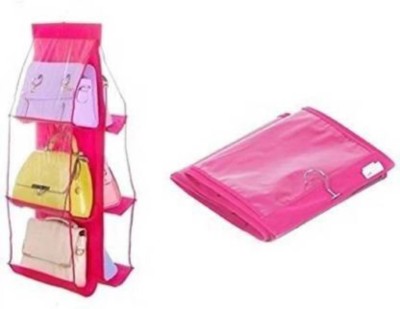 FEVWEL 6 Pocket PVC Storage Bag Organizer Hanging Bags Closet Rack Handbag Purse Pouc(Pink)