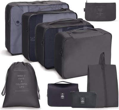HOUSE OF QUIRK 9pcs Set Travel Organizer 4 Packing Cubes + 2 Pouches + 3 Toiletry Organizer Bag(Black)