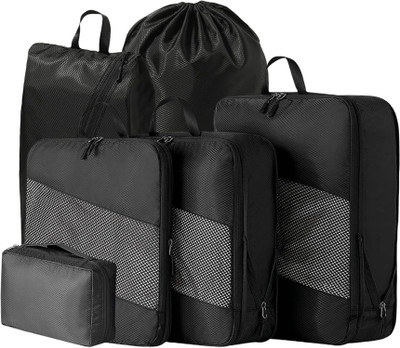 HOUSE OF QUIRK 6 Set Packing Cubes Travel Organizer Compressible Travel Packing Organizers(Black)