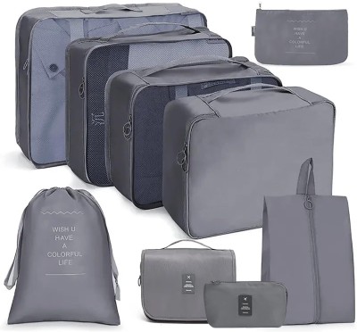 HOUSE OF QUIRK 9pcs Set Travel Organizer 4 Packing Cubes + 2 Pouches + 3 Toiletry Organizer Bag(Grey)
