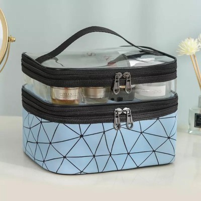 Trendegic Waterproof Double Layer PU PVC Cosmetics Toiletry Makeup Bag With Double Zipper(Blue)