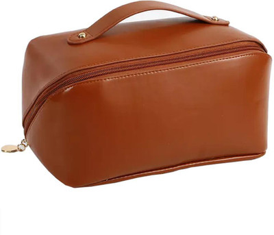 Grilazza Portable Large-Capacity PU Leather Cosmetic Storage Makeup Pouch Organizer Travel Toiletry Kit(Brown)