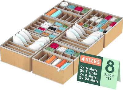 HOMESTIC 8 Pcs Set Foldable Multicompartment Undergarment Organizer for Wardrobe | Beige(Beige)