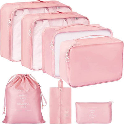 Flywind Polyester Travel Organizer Bag 3 Packing Cubes 3 Pouches1 Toiletry Organizer Bag(Pink)