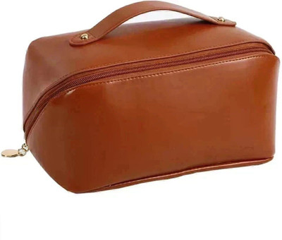 Grilazza Large-Capacity Portable PU Leather Cosmetic Storage Makeup Pouch Organizer(Brown)