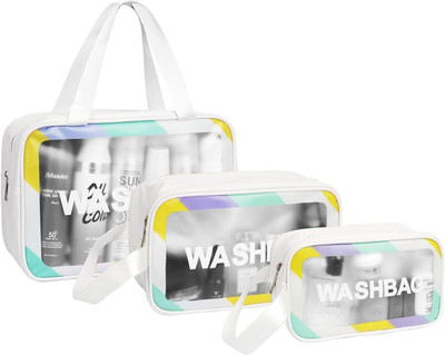 Flywind 3 Pieces Transparent Toiletry Bag PVC Waterproof Cosmetic Bag Large Capacity(White)