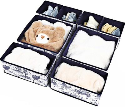 HOUSE OF QUIRK Set Of 8 Non-Woven Foldable Cloth Storage Box Closet Dresser Drawer Organizer(Blue)
