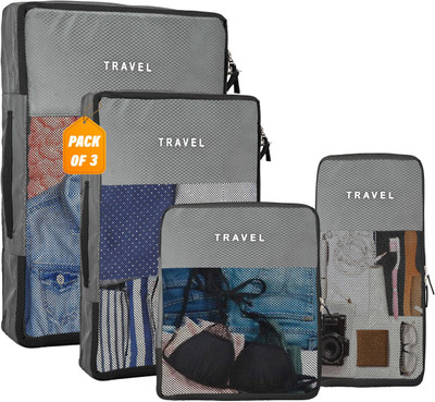 HOMESTIC Set of 12 Waterproof Travel Kit for Toiletries with Handles | Plain Grey(Grey)