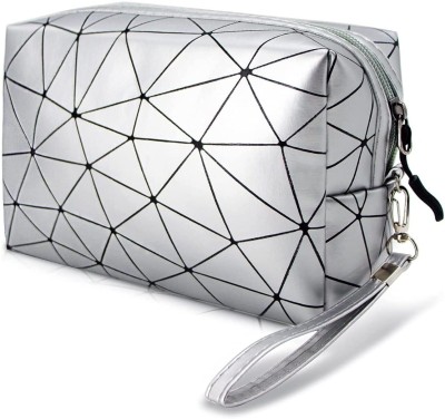 paczo Travel Makeup Bag Cosmetic Portable Waterproof Soft PU Leather Zipper Pouch(Silver)