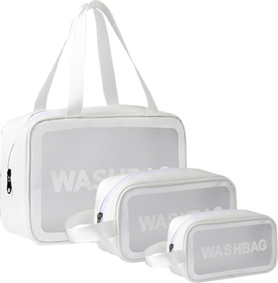 KUBER INDUSTRIES Set of 3 | Transparent Waterproof Toiletry Bag With Handle | ZH021WT | White(White)