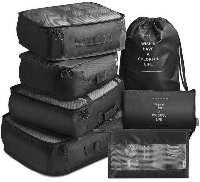 HOUSE OF QUIRK 7pcs Set Travel Organizer Packing Lightweight Travel Luggage with Toiletry Bag(Black)