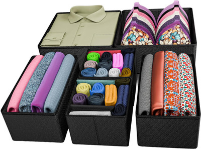 Skrill Non-Woven 6-Piece Foldable Clothing Storage Box for Closet Drawer Organization(Black)