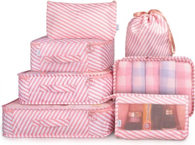 HOUSE OF QUIRK 7pcs Set Travel Organizer Packing Lightweight Luggage Bag with Toiletry Bag(Pink, White)