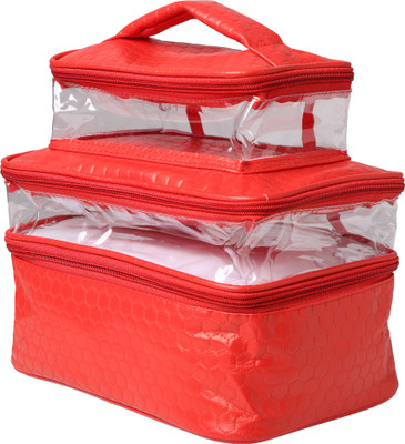 MaaCare Three Compartment Designer Bridal Multipurpose, Makeup Vanity Box Compact and Portable Vanity Box(Red)