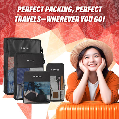 HOMESTIC Set of 8 Waterproof Travel Kit for Toiletries with Handles | Plain Black(Black)