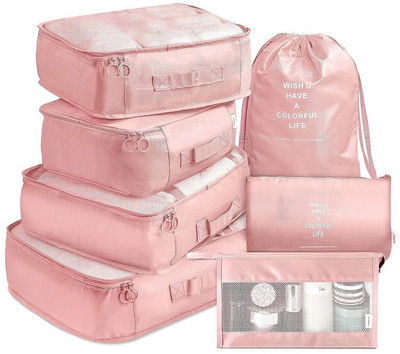 ELITEHOME 7 Pcs Travel Cosmetic Organizer Pouch With Packing Cubes Organiser Toiletry Bag(Pink)