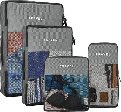 HOMESTIC Set of 4 Waterproof Travel Kit for Toiletries with Handles | Plain Grey(Grey)