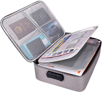PRIMEFAIR Polyester Organizer Bag with Code Lock, Multi-Layer Storage Pouch, Multi-Functional Waterproof 3 Layer Storage Document Bag with Lock for Passport Documents Files, Grey(Set Of 1, Grey, Black)