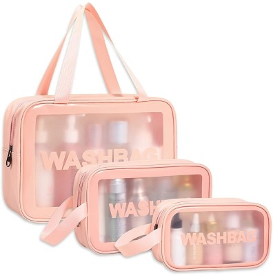 Shield plus Transparent Hanging Toiletries Waterproof Plastic Makeup Bags with Zipper(3PCS) Travel Toiletry Kit(Pink)
