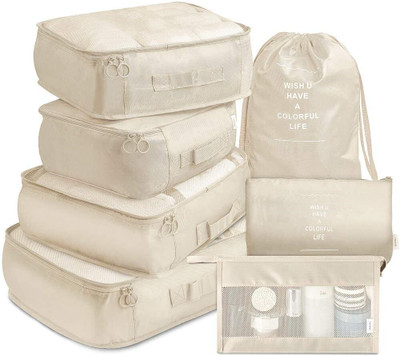 LarihkRetail 7 Set Travel OrganizerBag 3 Packing Cubes + 3 Pouches + 1 Toiletry Organizer Bag(Beige)