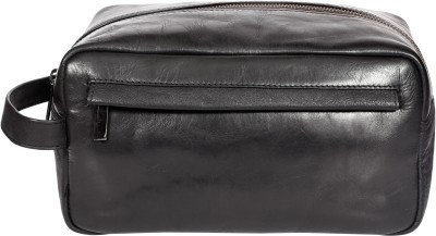 Sassora Genuine Leather Unisex Black Toiletry Pouch-Z076 Travel Shaving Kit & Bag(Black)