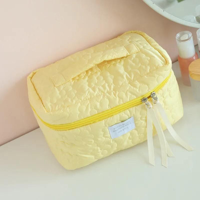 Nirixa Enterprise Cotton Cosmetic Cloth Bag Quilted Flower Organizer Bag Large Capacity Travel Toiletry Kit(Yellow)