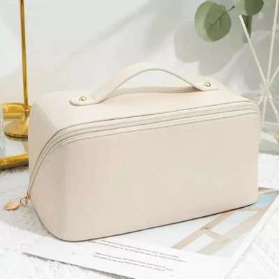 Luxula Portable Large-Capacity PU Leather Cosmetic Storage Makeup Pouch Organizer Travel Toiletry Kit(Beige)