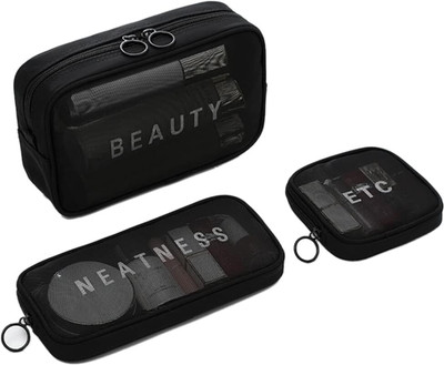 FLOSTRAIN Transparent Mesh Toiletry Bag Set of 3, Travel Toiletry Kit(Black)