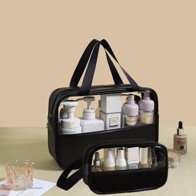 Rossella PVC Zipper Cosmetic Makeup Storage Wash Bag Organizer Carry Pouch Set 2 PCS Travel Toiletry Kit(Black)