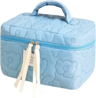 HOUSE OF QUIRK Flower Quilting Cloth Makeup Bag Cosmetic Bag Large Makeup Storage -25X17X16cm Travel Toiletry Kit(Blue)