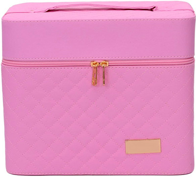 viulvuk Premium Cosmetic Bag with Mirror & Multiple Compartments for Girls | Portable Travel Toiletry Kit Storage Makeup Case for Women, Both Side 2 Layer Open Tray in Vanity Box(Pink)