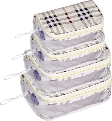 KUBER INDUSTRIES Rexine Check Print Travel Toiletry Bag/Dopp Kit For Traveling Set of 4 (White) Travel Toiletry Kit(White)