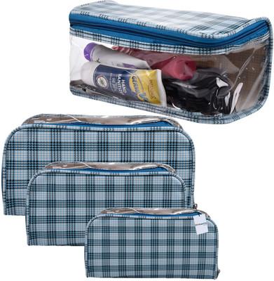 HOMESTIC 4 Piece PVC Check Print Toiletry Organizer|Pouch Set with Handle|Turquoise Travel Toiletry Kit(Green)
